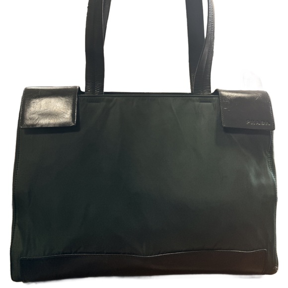 Prada Black and Green Leather and Nylon Shoulder Bag